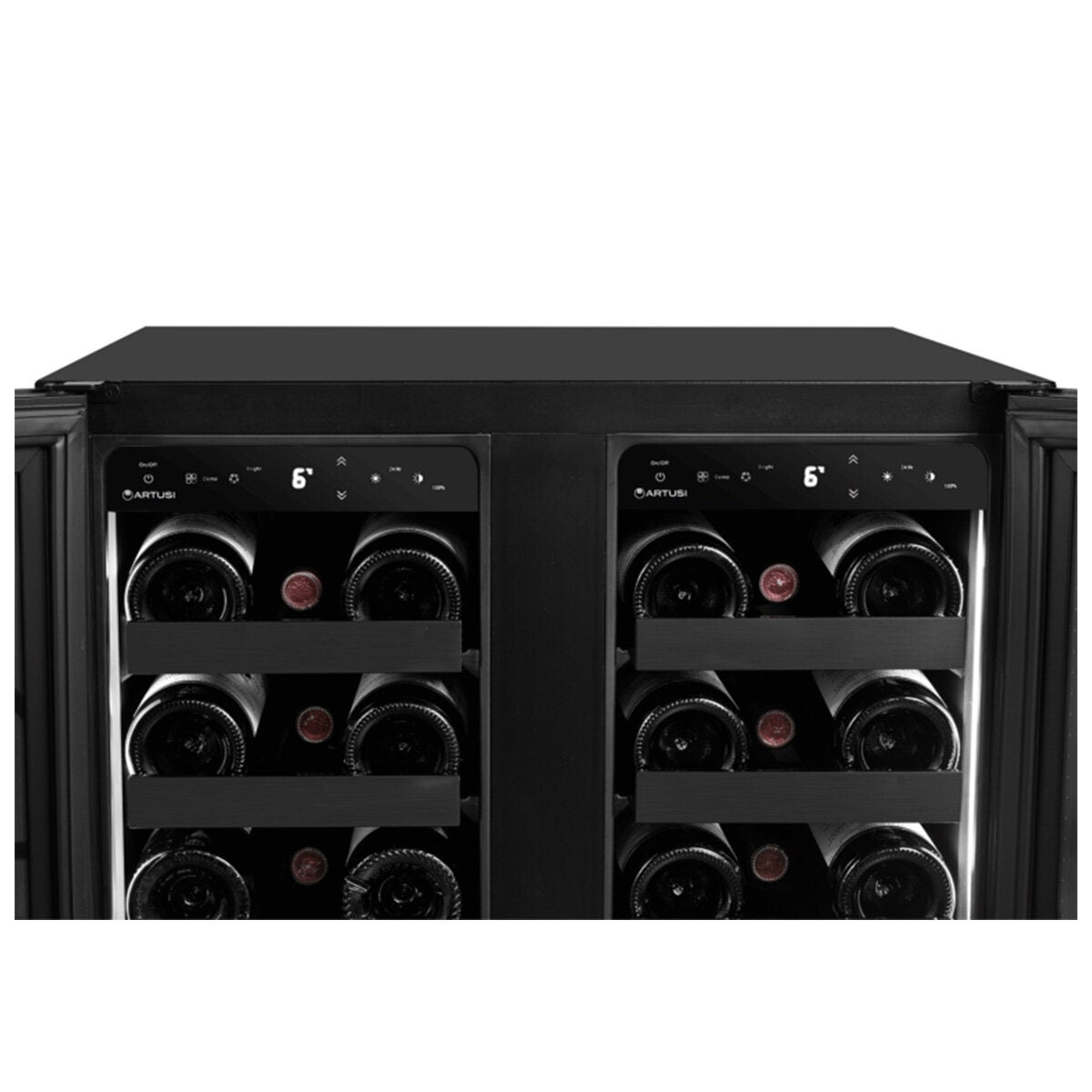 Artusi 36 bottle dual zone wine fridge - matte black, side by side doors, touch controls - AWC36BV