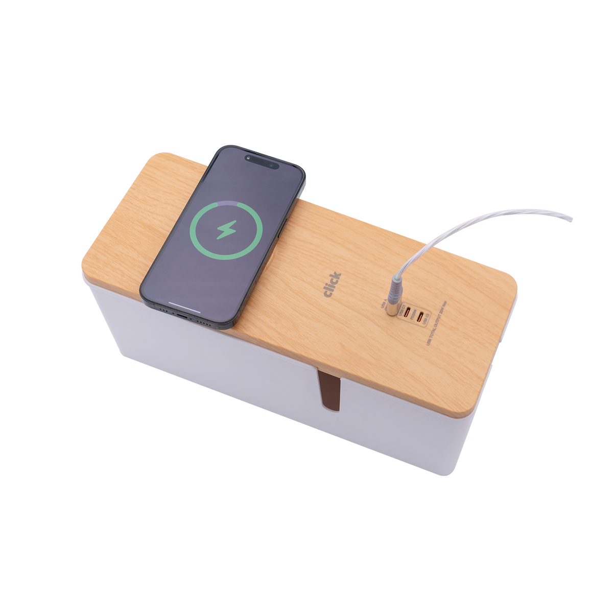 Click Cable Management Box with USB and Wireless Charger Wood-Look Lid CMB300WUPD