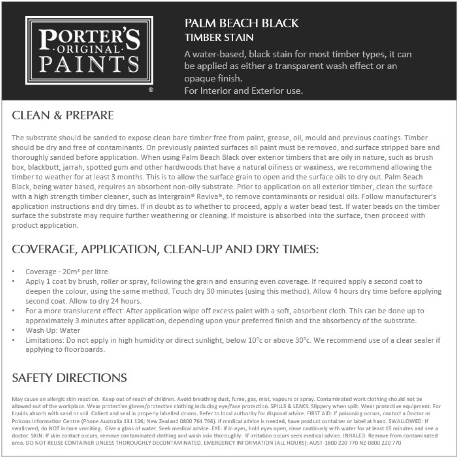 Porter's Paints 1L Palm Beach Black Timber Stain, Matte, UV Resistant, Indoor & Outdoor