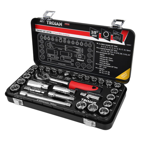 Trojan 30 Piece 3/8" Socket Tin Set - Metric & Imperial Sockets - Durable - SuperSaverAU - view 1