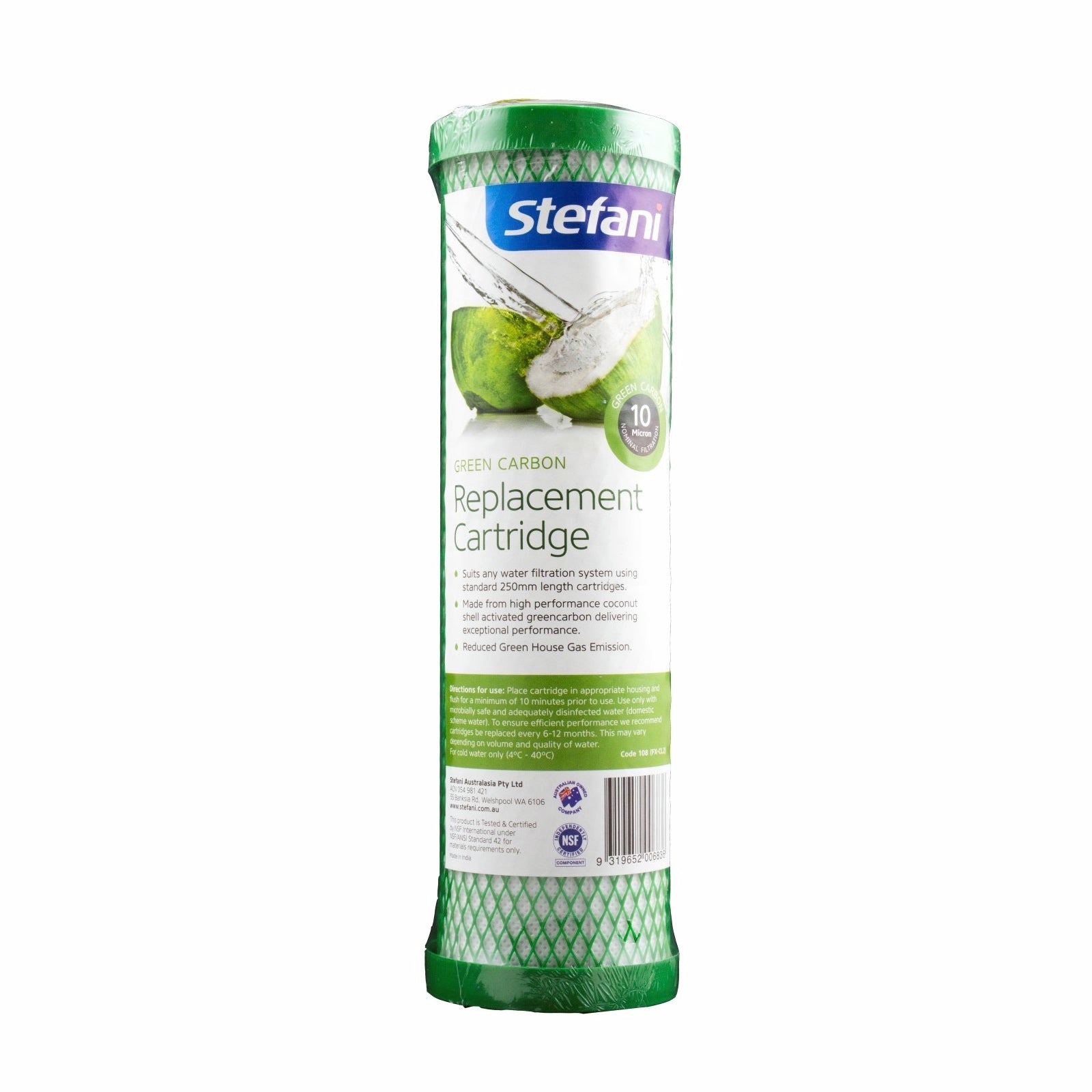 Stefani 10 Micron Green Carbon Replacement Cartridge, 250mm, Coconut Activated Carbon
