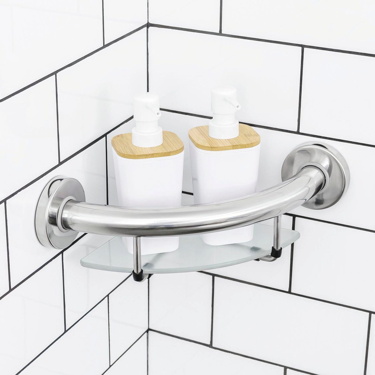 evekare Corner Shelf with Grab Rail - 260mm Stainless Steel & Glass 110kg