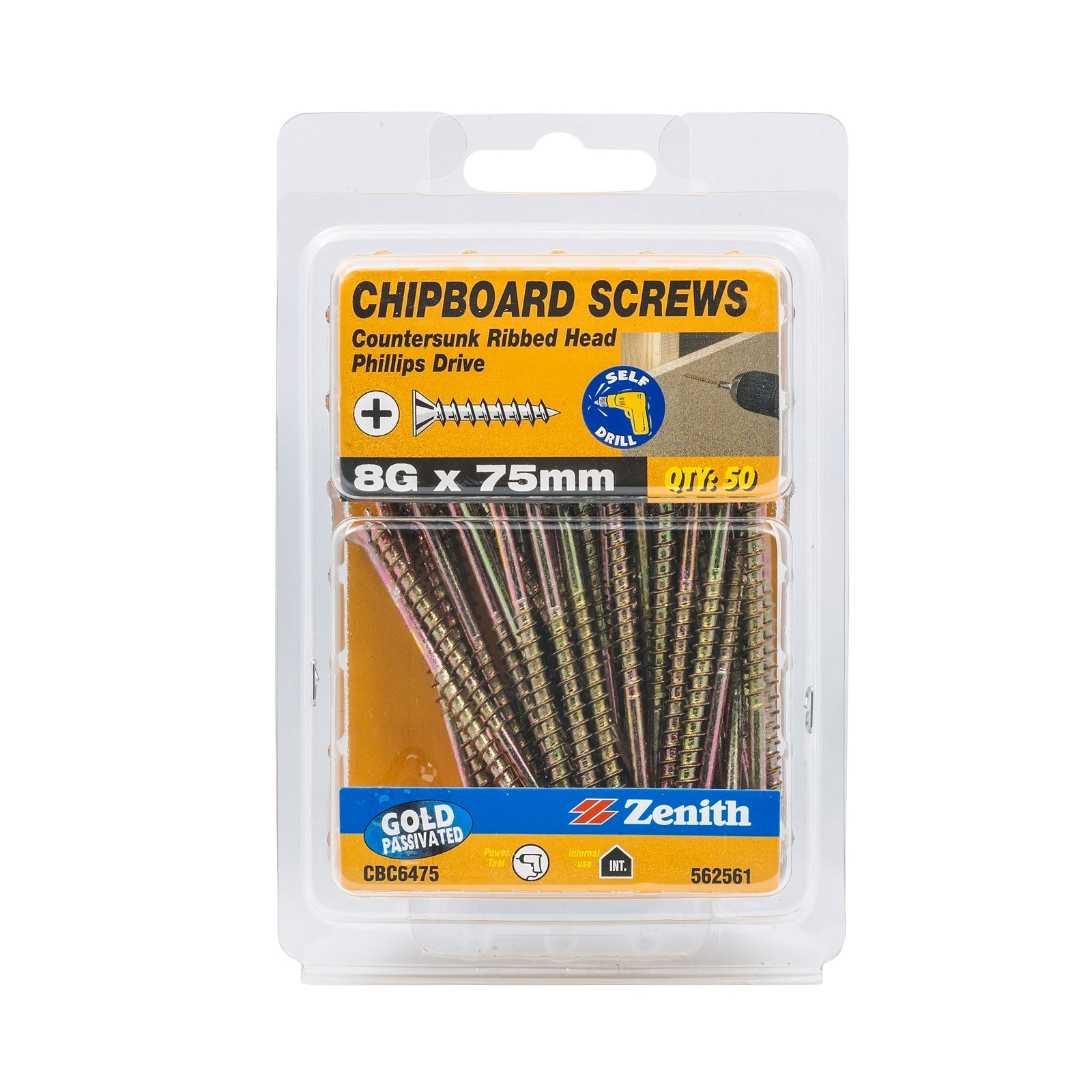 Zenith 8G x 75mm Gold Countersunk Rib Head Chipboard Screws - 50 Pack