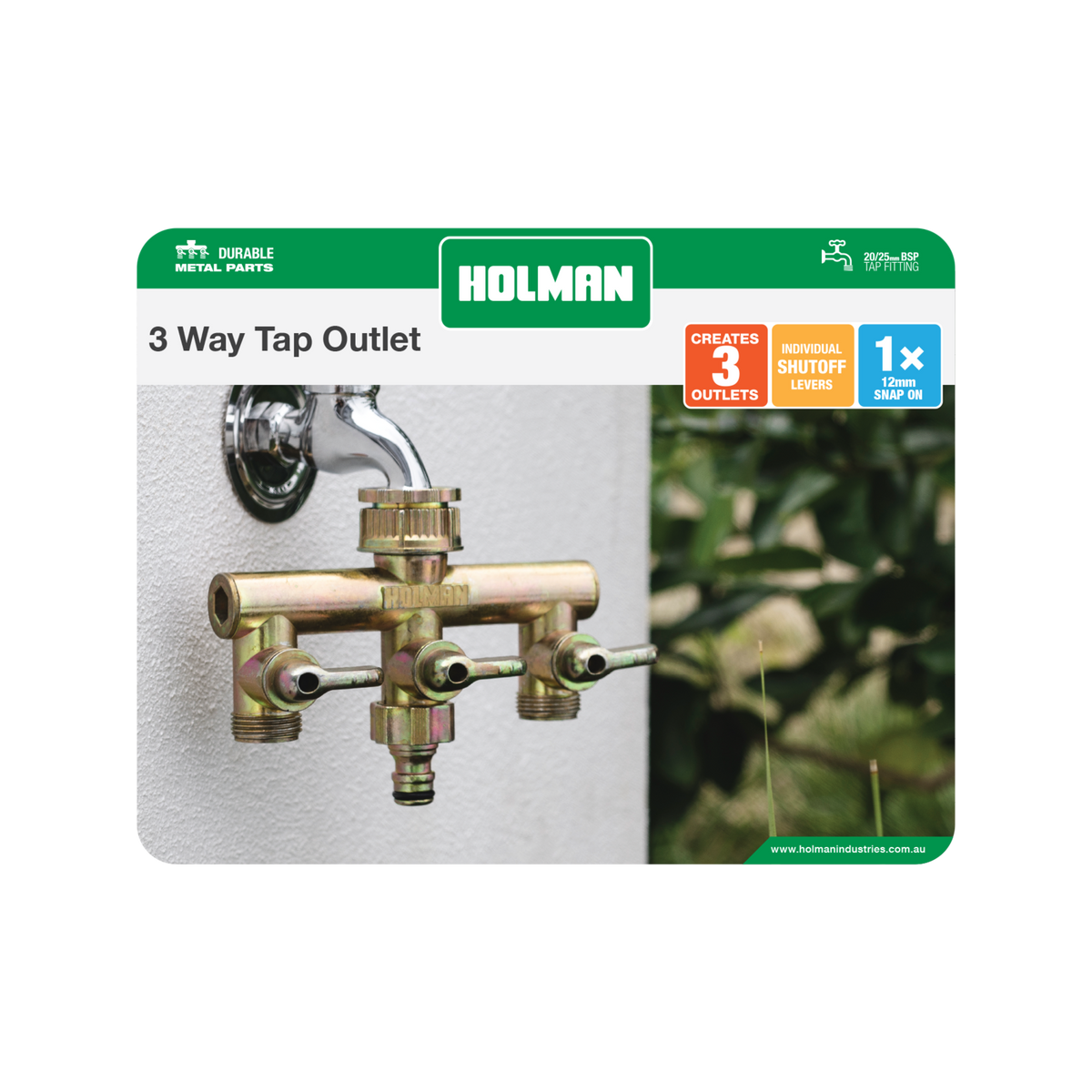 Holman 3 Way Metal Tap Outlet Manifold Gold for Garden Hose Fittings