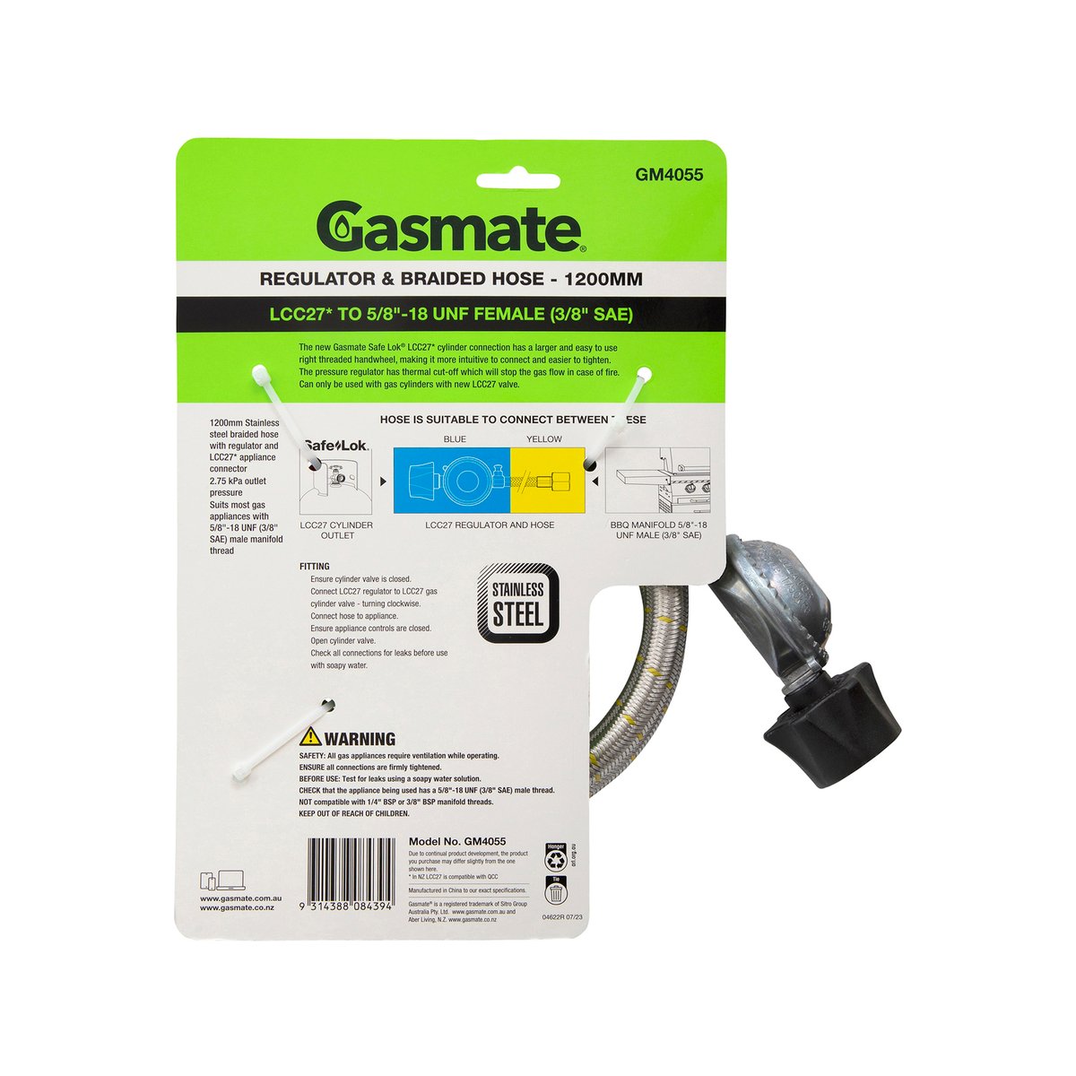 Gasmate Regulator & Braided Hose 1200mm LCC27 to 5/8" UNF (3/8" SAE)