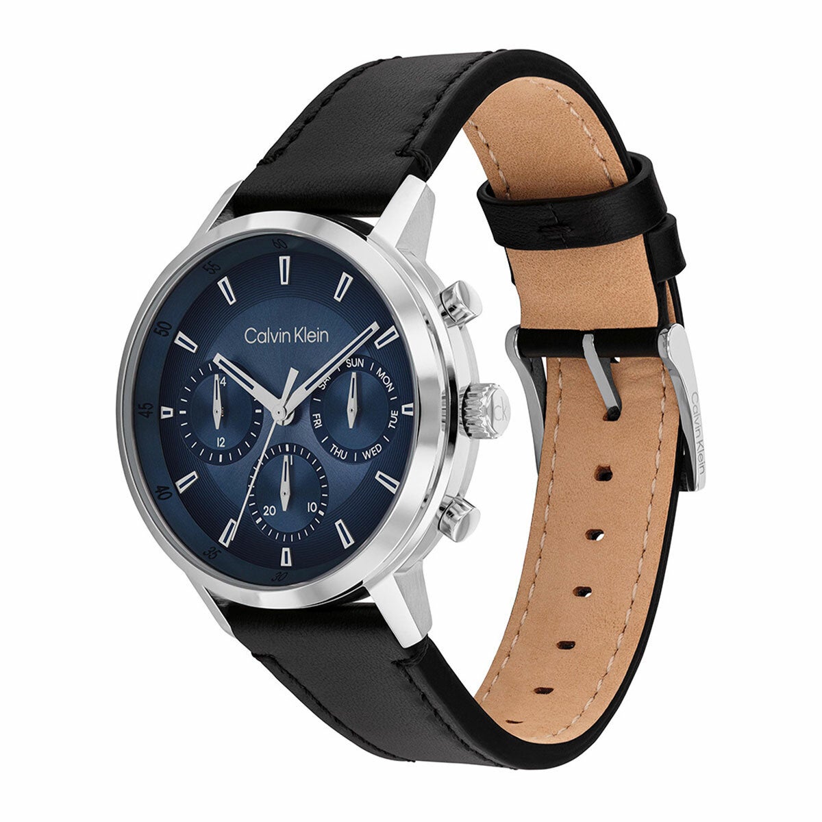 Calvin Klein Gauge Black Leather Wristwatch Mens Blue Dial 41mm Case