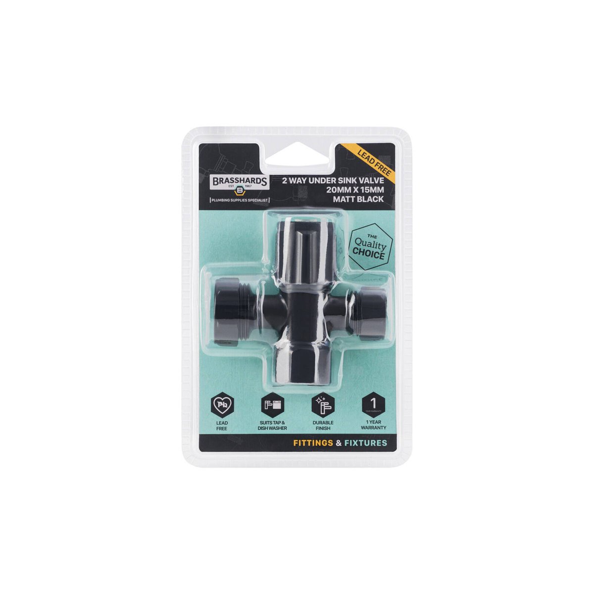 Brasshards 2 Way Under Sink Valve 20mm x 15mm Matt Black Brass Lead Free