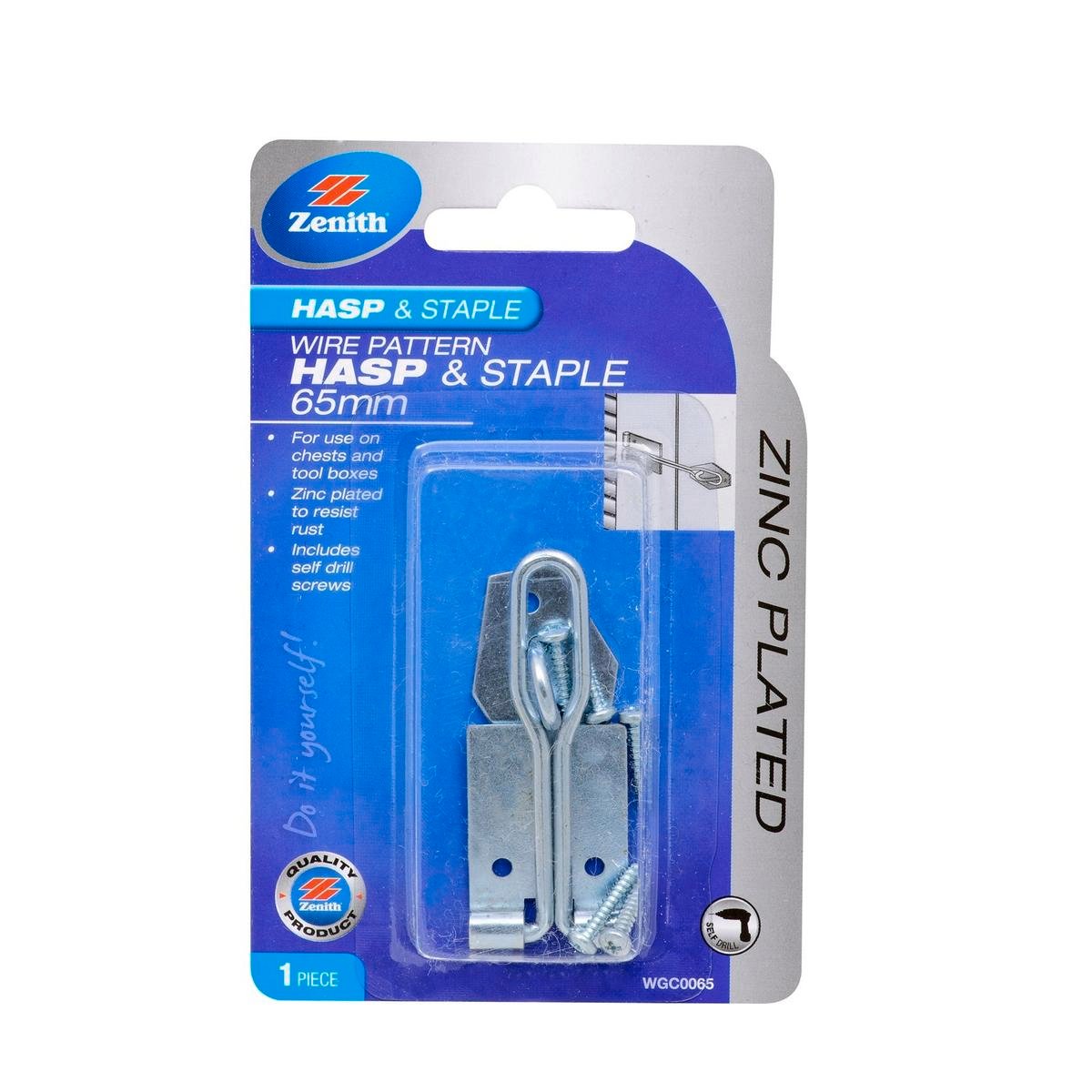 Zenith 65mm Wire Pattern Hasp and Staple - Zinc Plated Steel Security Latch