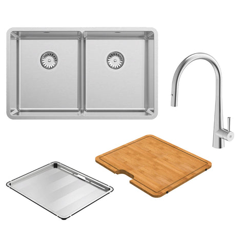 Abey Lucia 200 Double Bowl Sink and Tap Pack - 26L Bowls, Pull Out Mixer, Cutting Board - LUA200T14