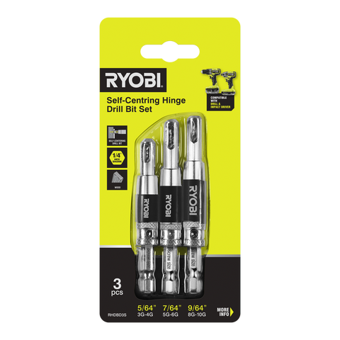 Ryobi 3 Piece Door Hinge Drill Bit Set - Self-Centring Pilot