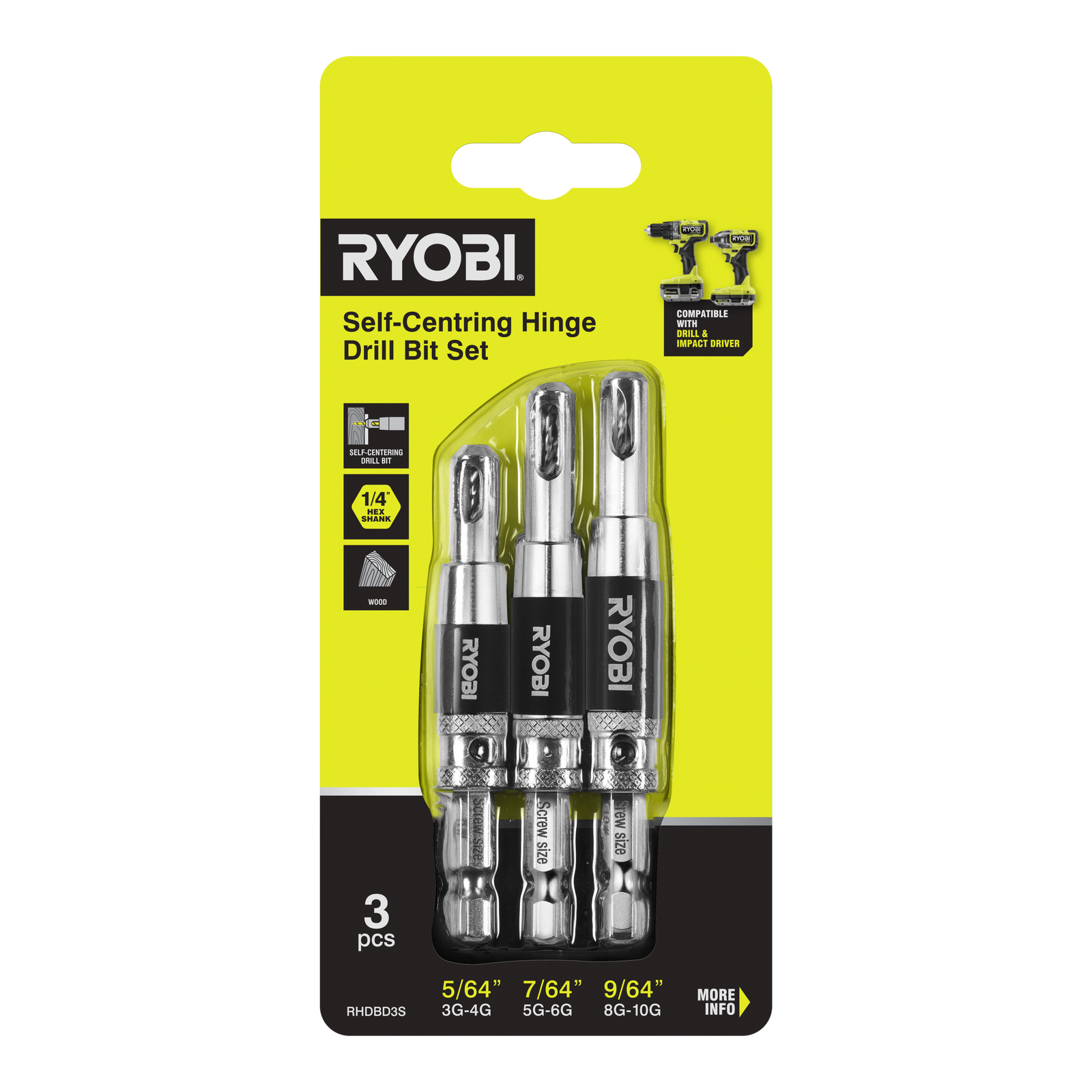 Ryobi 3 Piece Door Hinge Drill Bit Set - Self-Centring Pilot