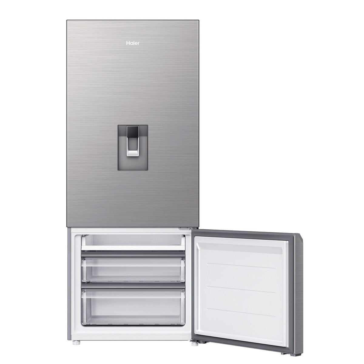 Haier 431L Bottom Mount Fridge - Non-Plumbed Water Dispenser, Satina Silver, Reversible Door - HRF420BHS