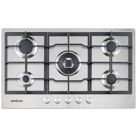 Brohn Stainless Steel Gas Cooktop - 5 Burners, Triple Crown Wok Burner, Front Controls - BRGC9001SS