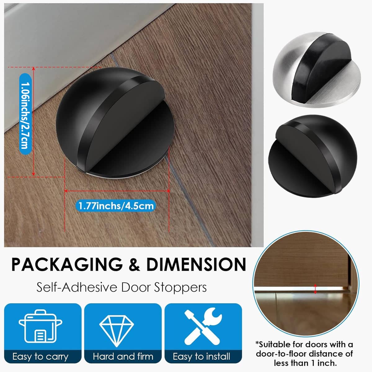 45 mm Round Floor Mount Door Stop Rubber Bumper Wall Protector - Black - view 4