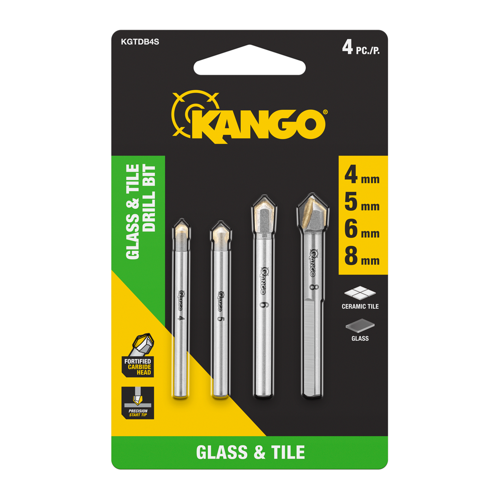 Kango 4 Piece Glass & Tile Drill Bit Set - 4, 5, 6 & 8mm Carbide