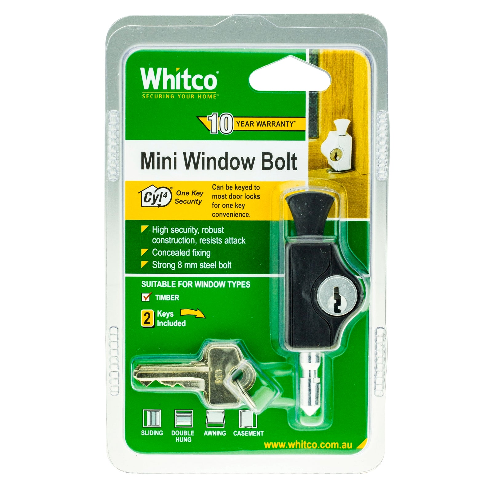 Whitco CYL4 Mini Bolt Window Lock - Black Lockable Zinc Diecast