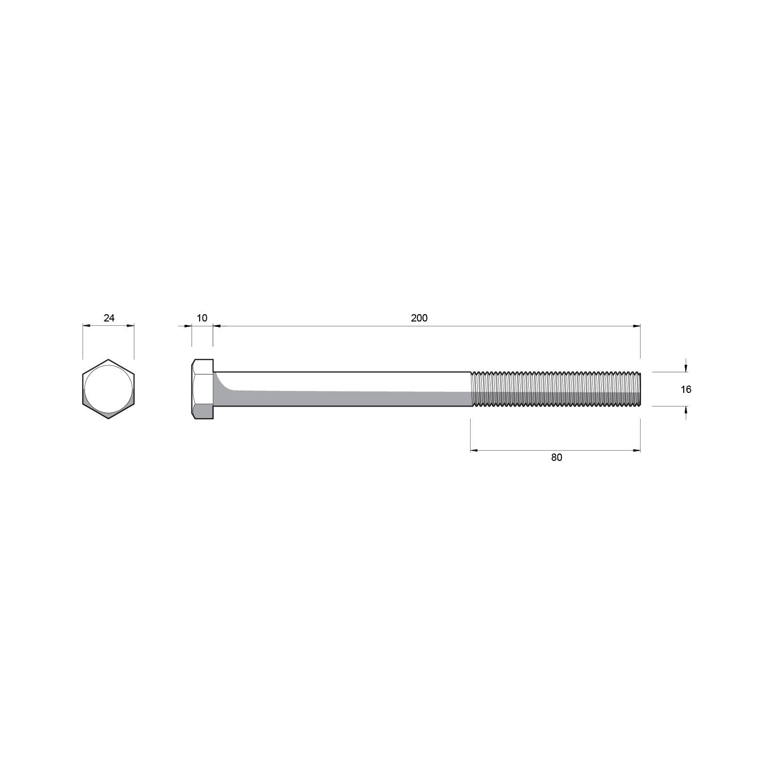 Zenith M16 x 200mm Hot Dip Galvanised Hex Head Bolt and Nut - 4.6 Grade Steel