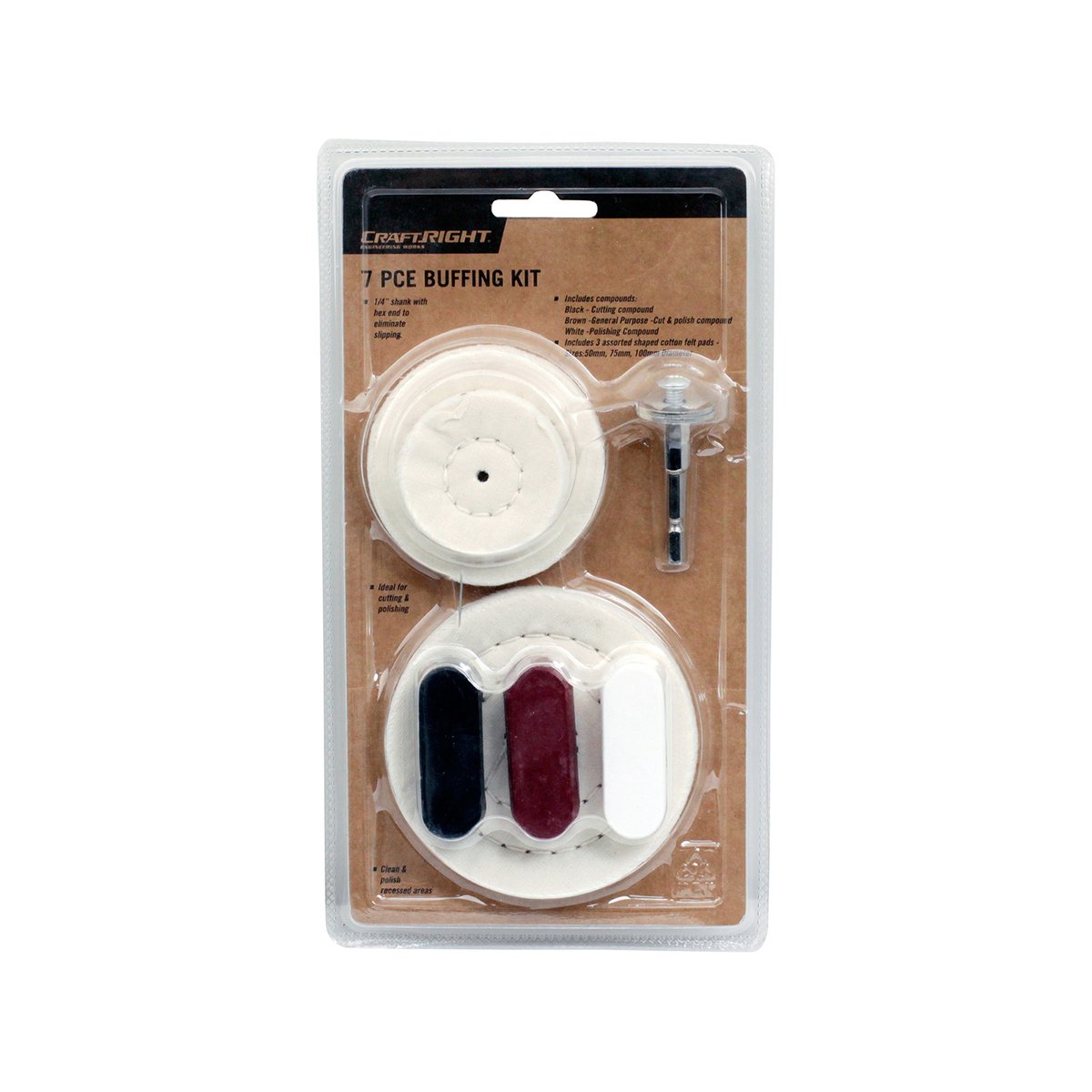 Craftright 7 Piece Buffing Kit, Cotton and Aluminium Oxide Polishing Pads, 1/4" Shank