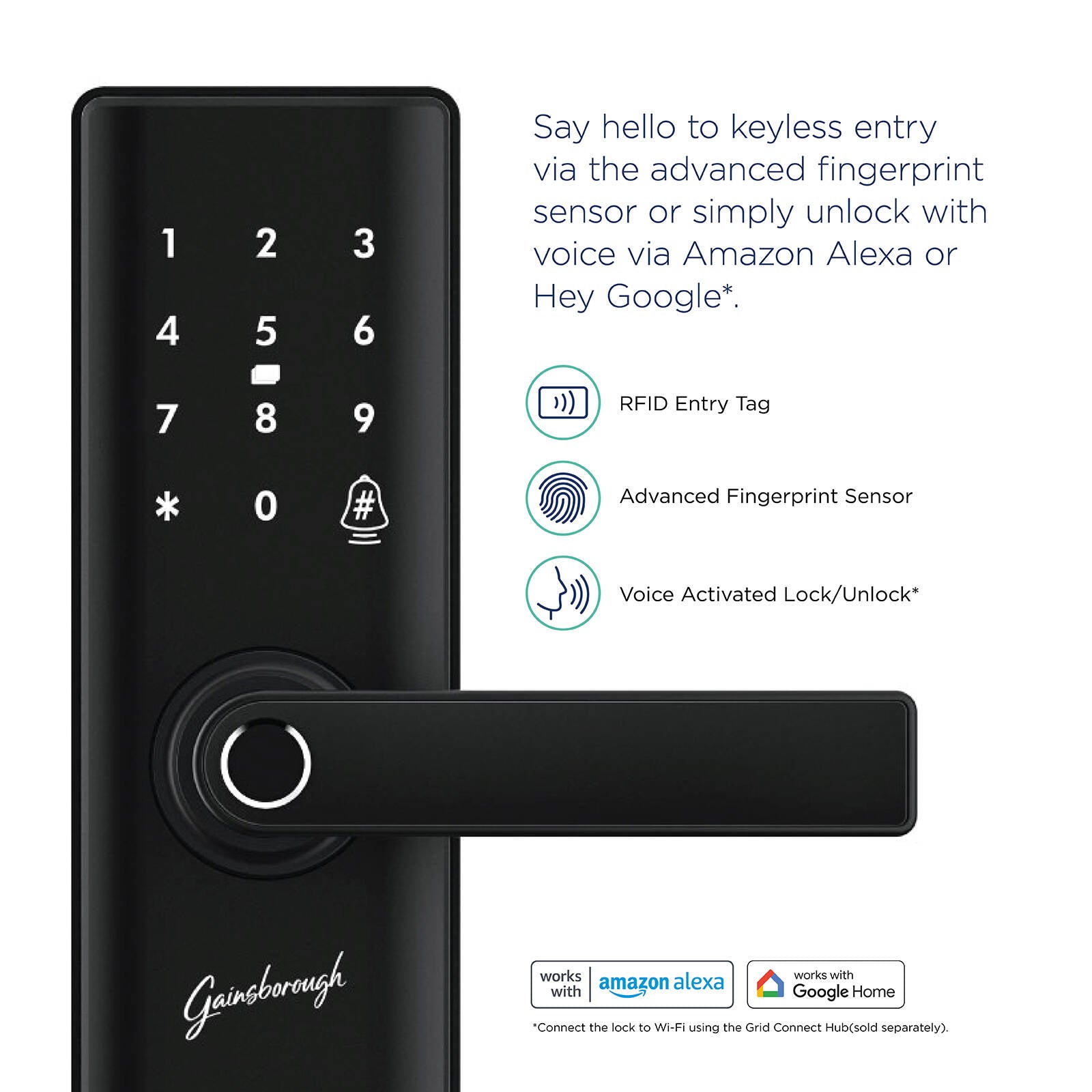 Gainsborough Liberty Smart Entrance Lock GLIBENTBL - Black, App Controlled, Fingerprint & RFID