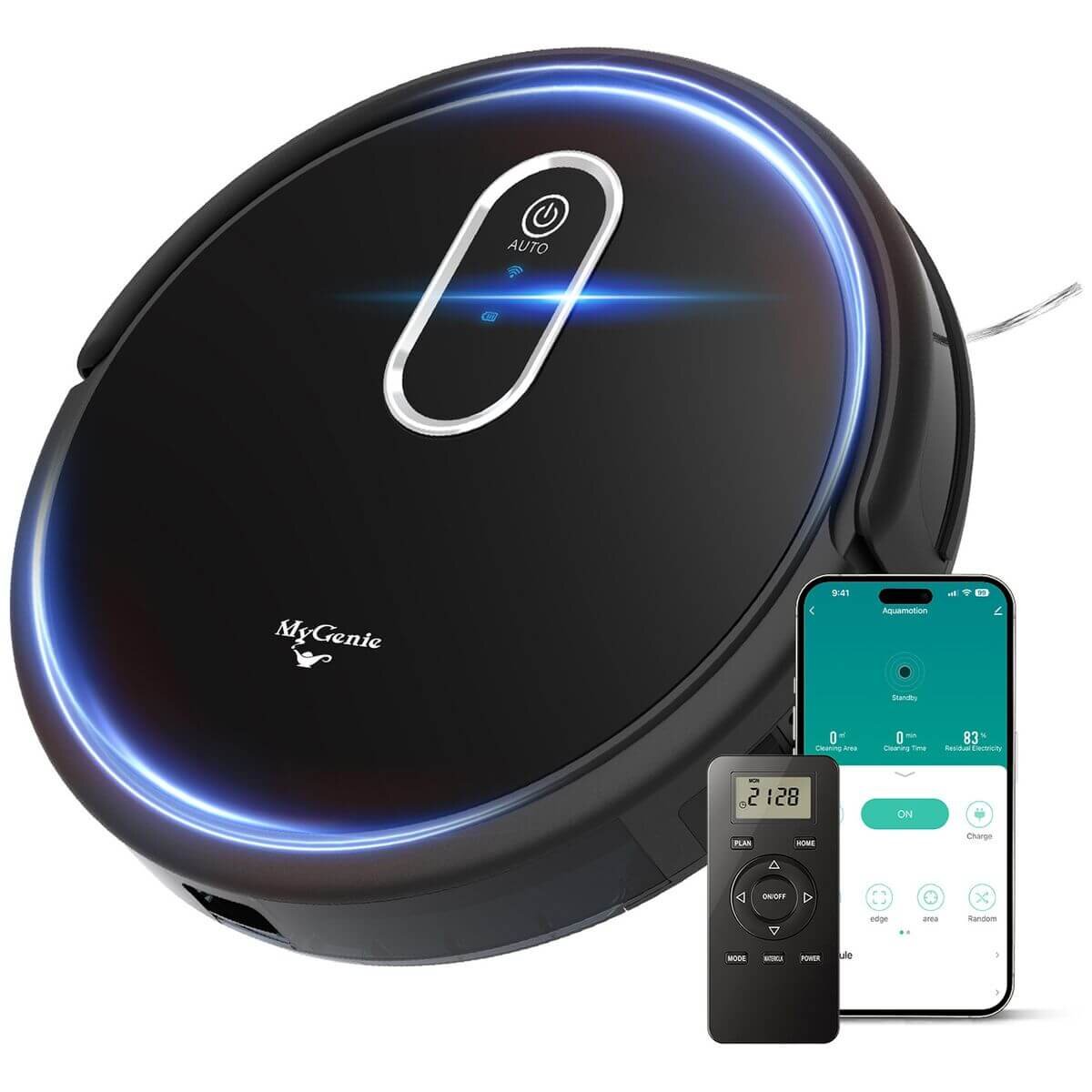 MyGenie Hydraclean Robotic Vacuum and Mop - 3200Pa Suction, Gyroscopic Navigation, Black - 10005710