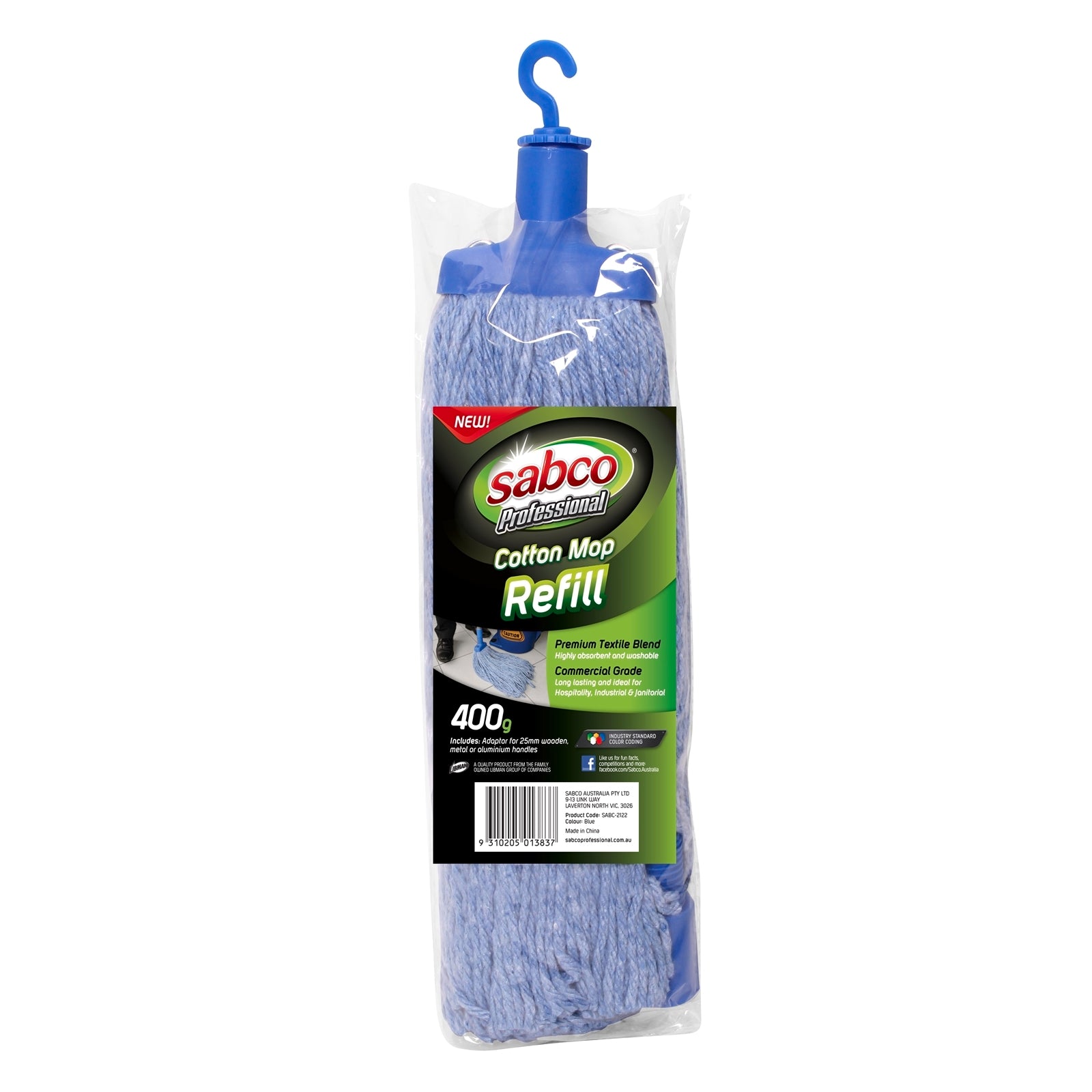 Sabco Professional 400g Cotton Mophead Refill, Blue, Fits 25mm Handles