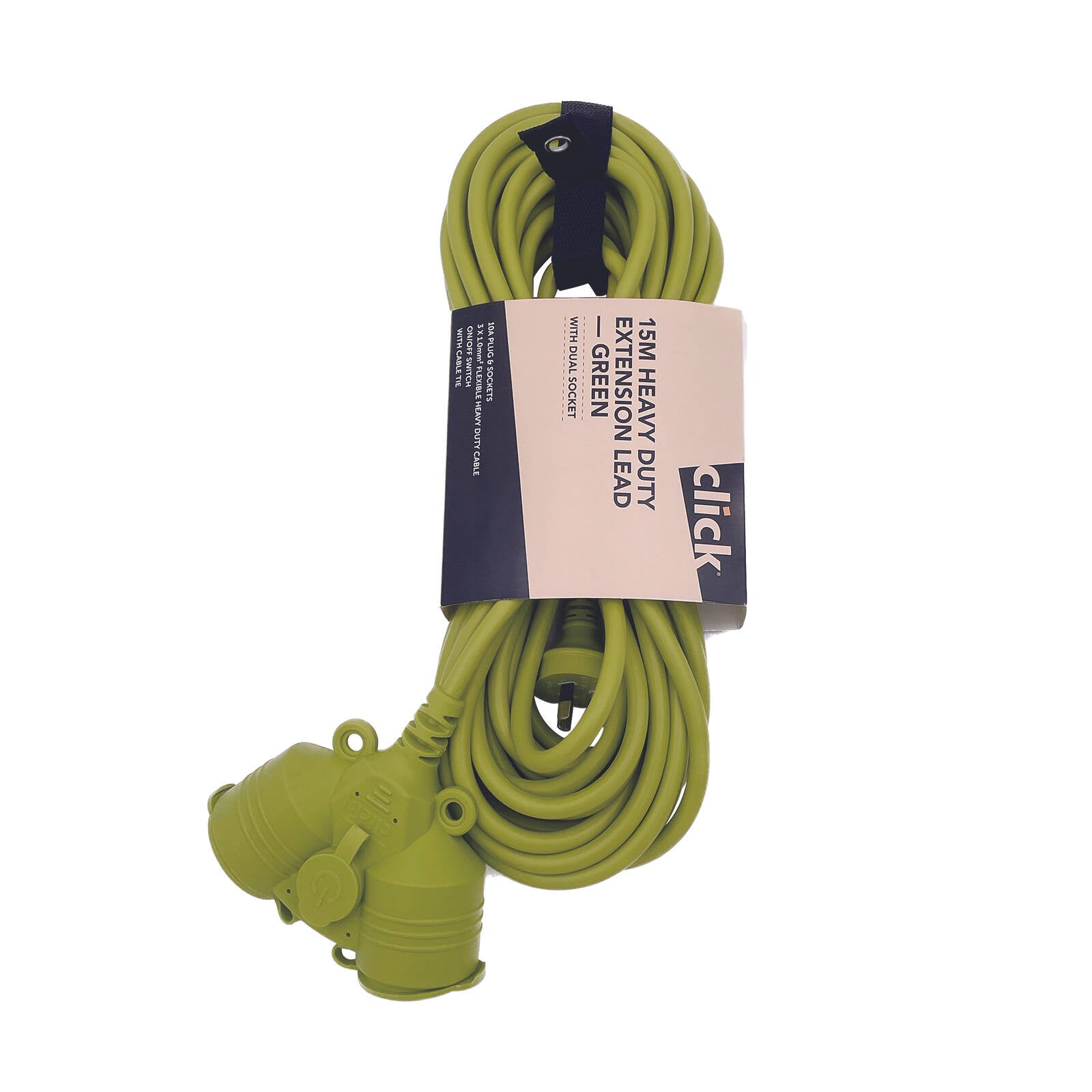 Click 15m Green Heavy Duty Extension Lead with Dual Socket 10A 2400W