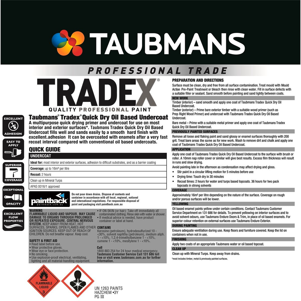 Taubmans 4L White Oil Based Tradex Interior Quick Dry Undercoat - Sealer - 180mm x 195mm x 180mm - Quick Drying - Stain Blocking - SuperSaverAU - view 4