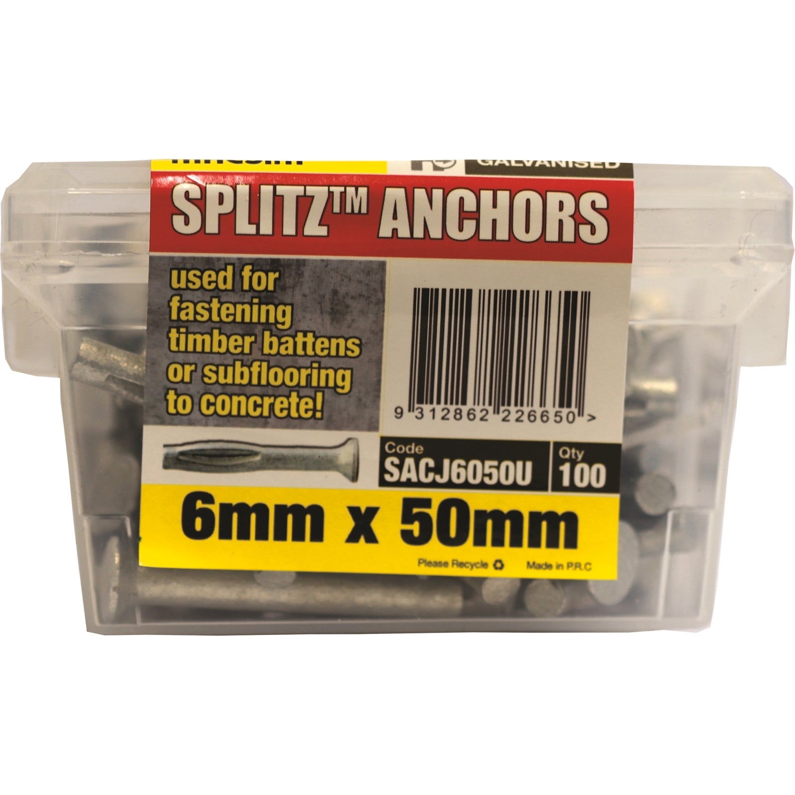 Macsim 6 x 50mm Galvanised Steel Splitz Masonry Anchor - 100 Pack