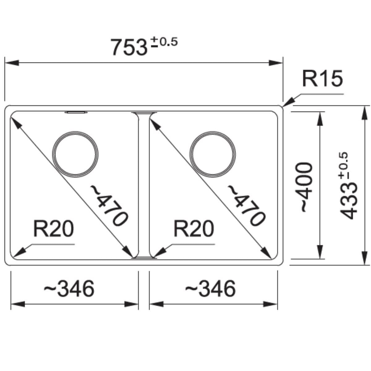 Franke 753mm Wide Double Bowl Undermount Sink - Stone Grey Granite - With Overflow - MRG120-35SG-B
