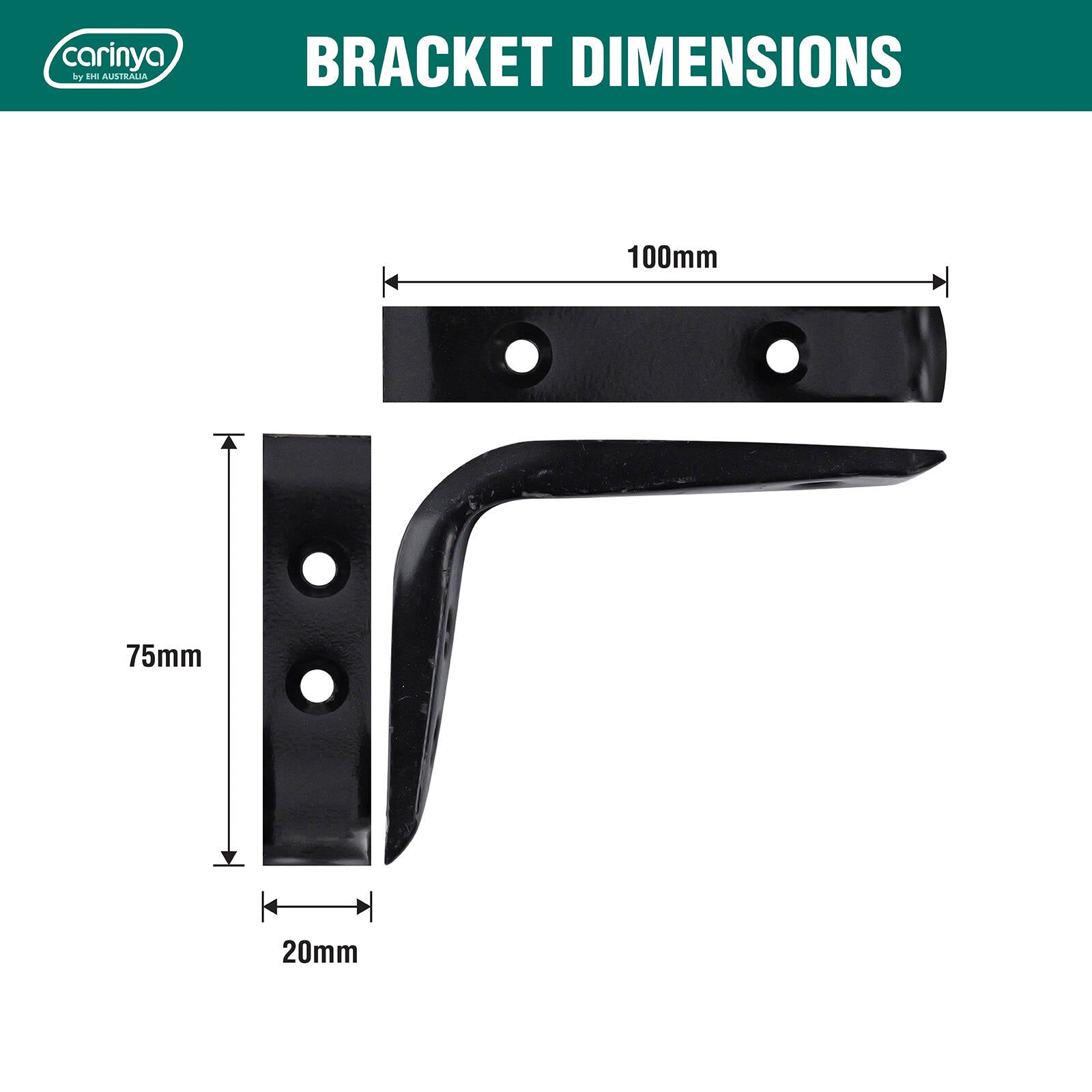 Carinya 100 x 75mm Black Powder Coated Steel Angle Bracket, 50kg, Wall Mount