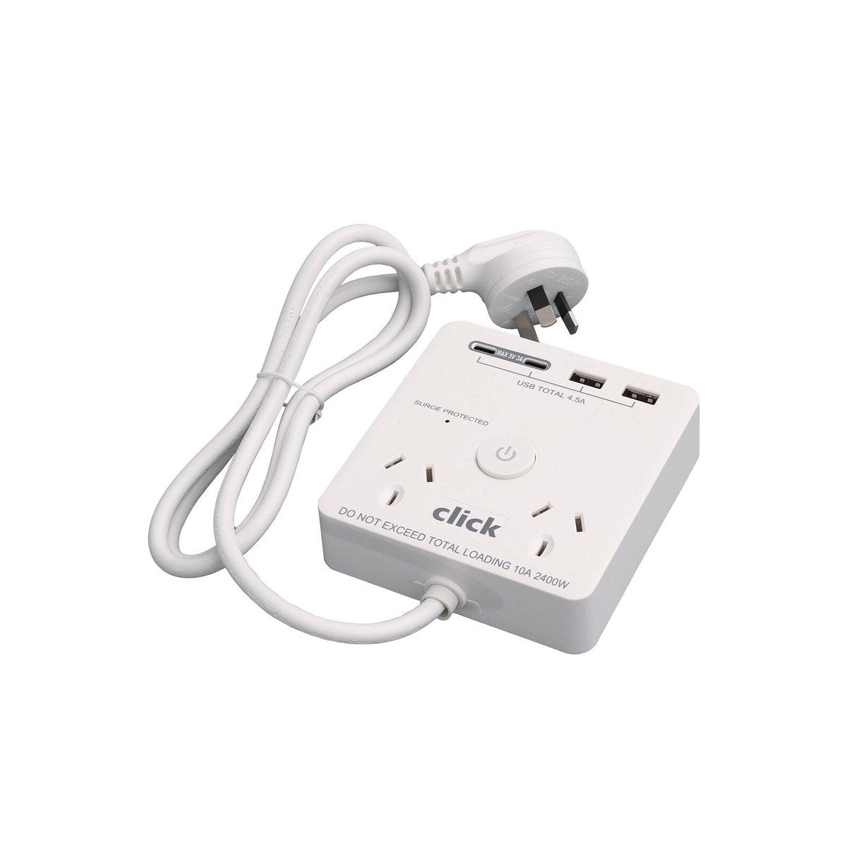 Click 2 Outlet Power Board with USB Charger - 2 Power Outlets - 4 USB Ports - Surge Protection - 104mm x 28mm x 97mm - SuperSaverAU - view 1