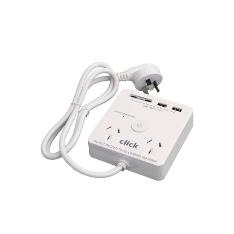 Click 2 Outlet Power Board with USB Charger Surge 2400W CPB2U