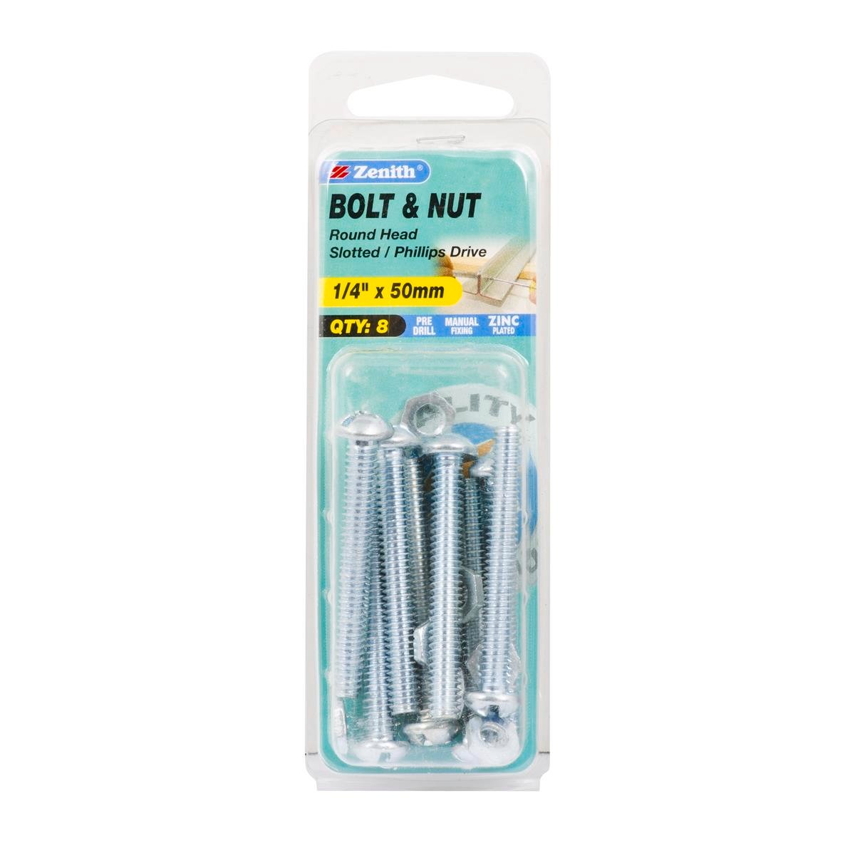 Zenith 1/4" x 50mm Zinc Plated Round Head Bolt and Nut - 8 Pack