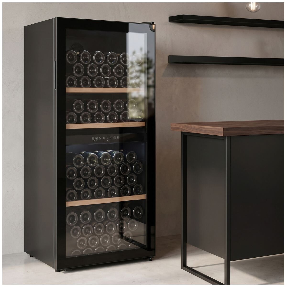 Cantina 127 Bottle Dual Zone Freestanding Wine Cabinet - Black Glass Door - Beech Trim Shelves - CCWID105B