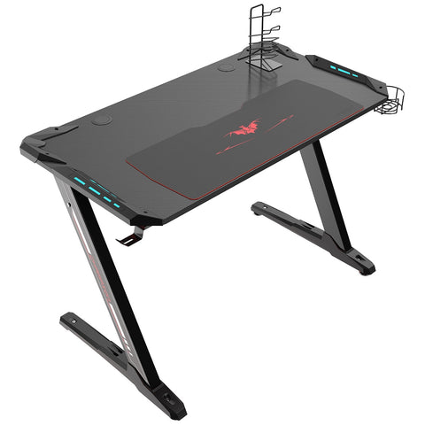 Eureka Ergonomic Z1-S Gaming Desk with Blue LED Lights, Carbon Fibre Texture, Controller Stand, Cup Holder, Headphone Hook - SuperSaverAU - view 1