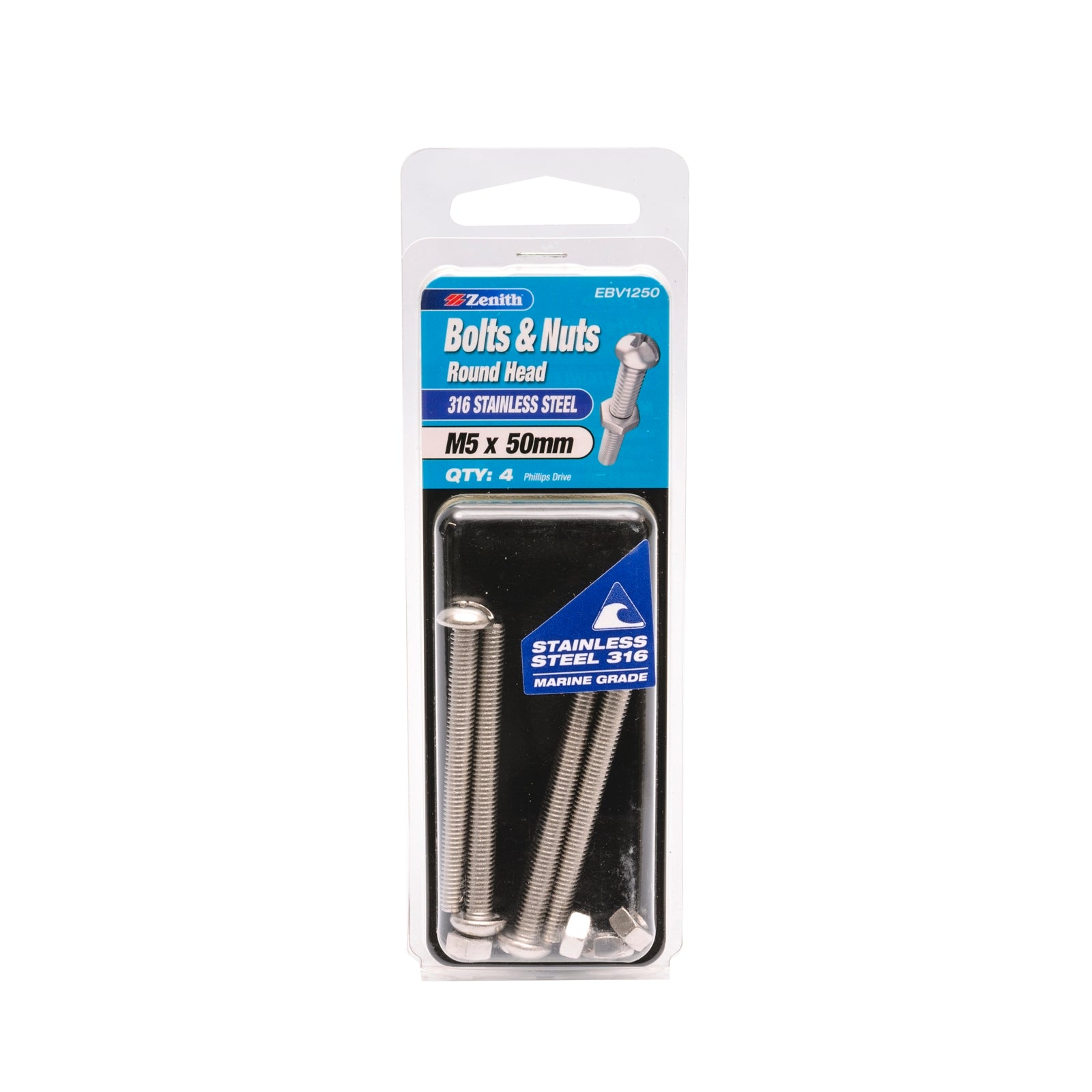 Zenith M5 x 50mm 316 Stainless Steel Round Head Bolt and Nut 4 Pack