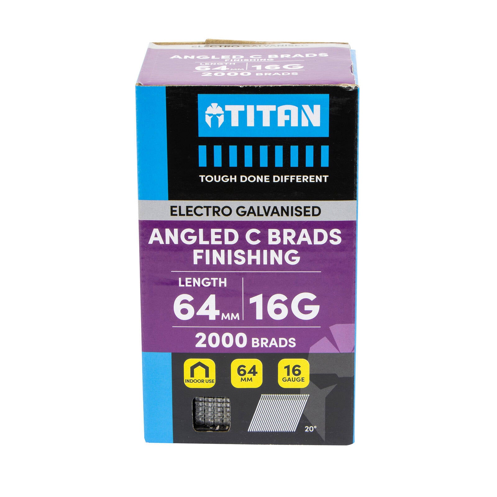 Titan 64 x 1.6mm 16G Electro Galvanised 20 Degree Angled Collated Brad Nails 2000 Pack