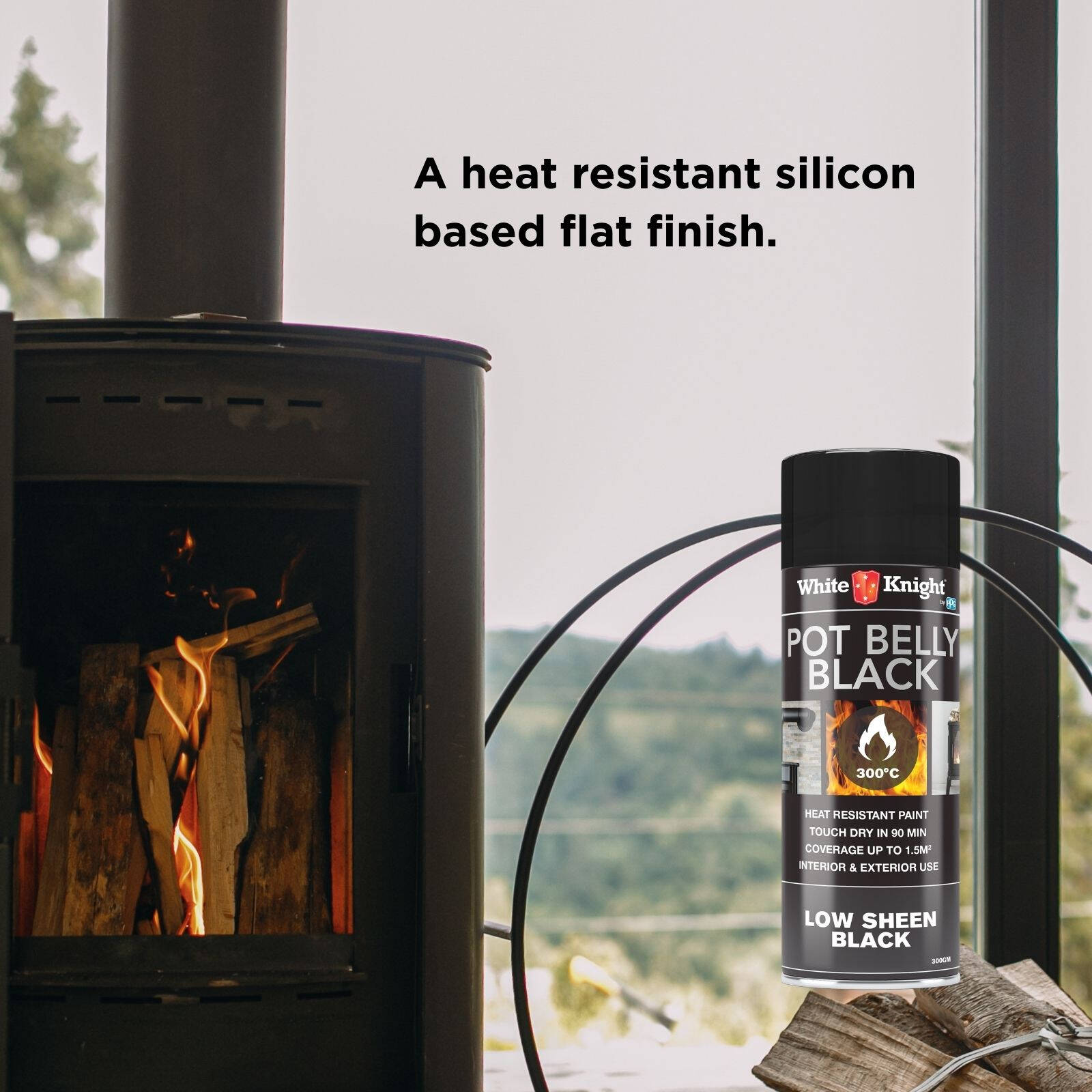 White Knight Hi Temp Heat Resistant Spray Paint 300g - Pot Belly Black Low Sheen for Stoves & Flues