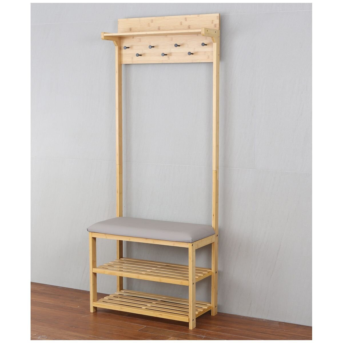 L.T. Williams Bamboo Hall Stand - Grey PU Bench Seat - Coat Rack and Shoe Storage - 9922