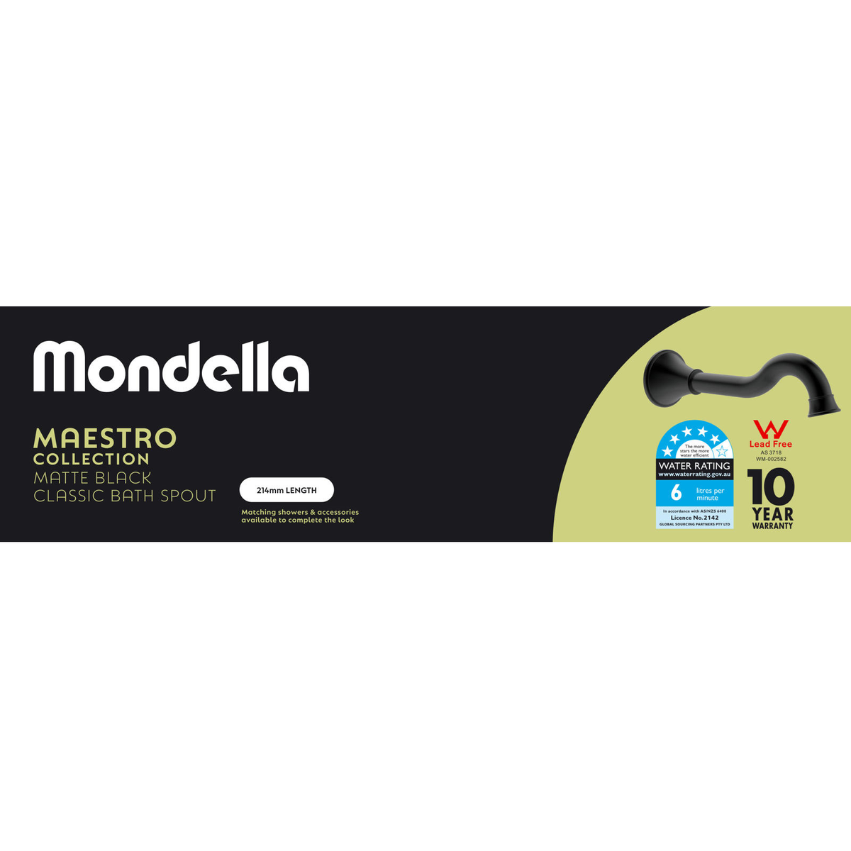 Mondella Maestro Classic Bath Spout Matte Black Lead Free Brass 6L/min 5 Star WELS