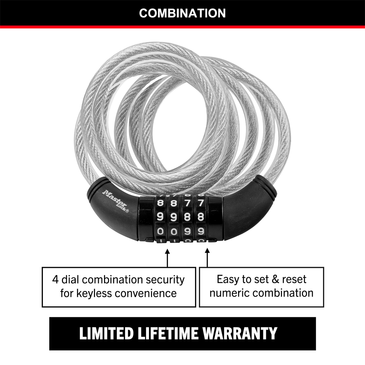 Master Lock 1.8m x 8mm Combination Bike Lock - Braided Steel, Vinyl Coated