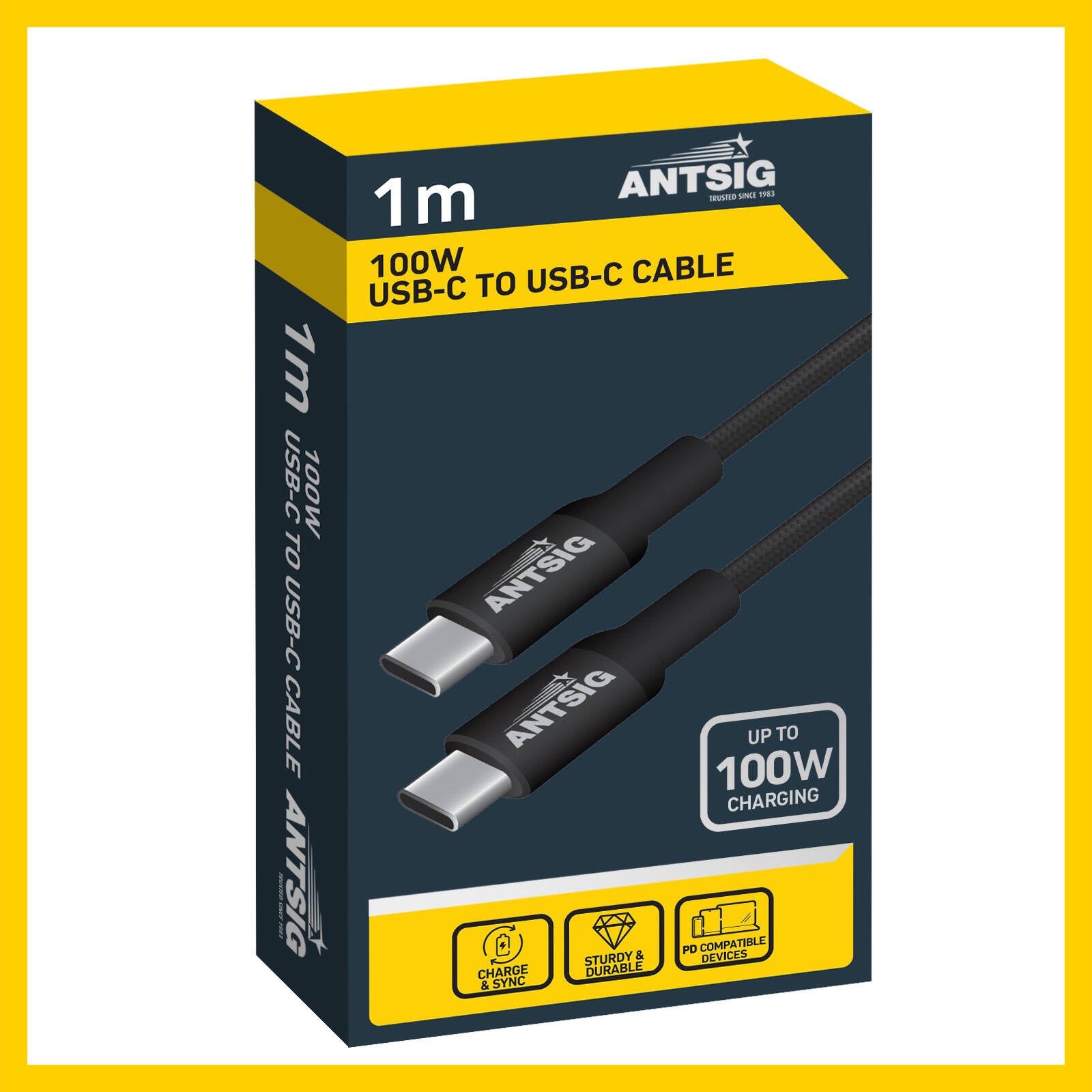 Antsig 1m 100W USB-C to USB-C Cable AP100WCC1 - Black Nylon Braided