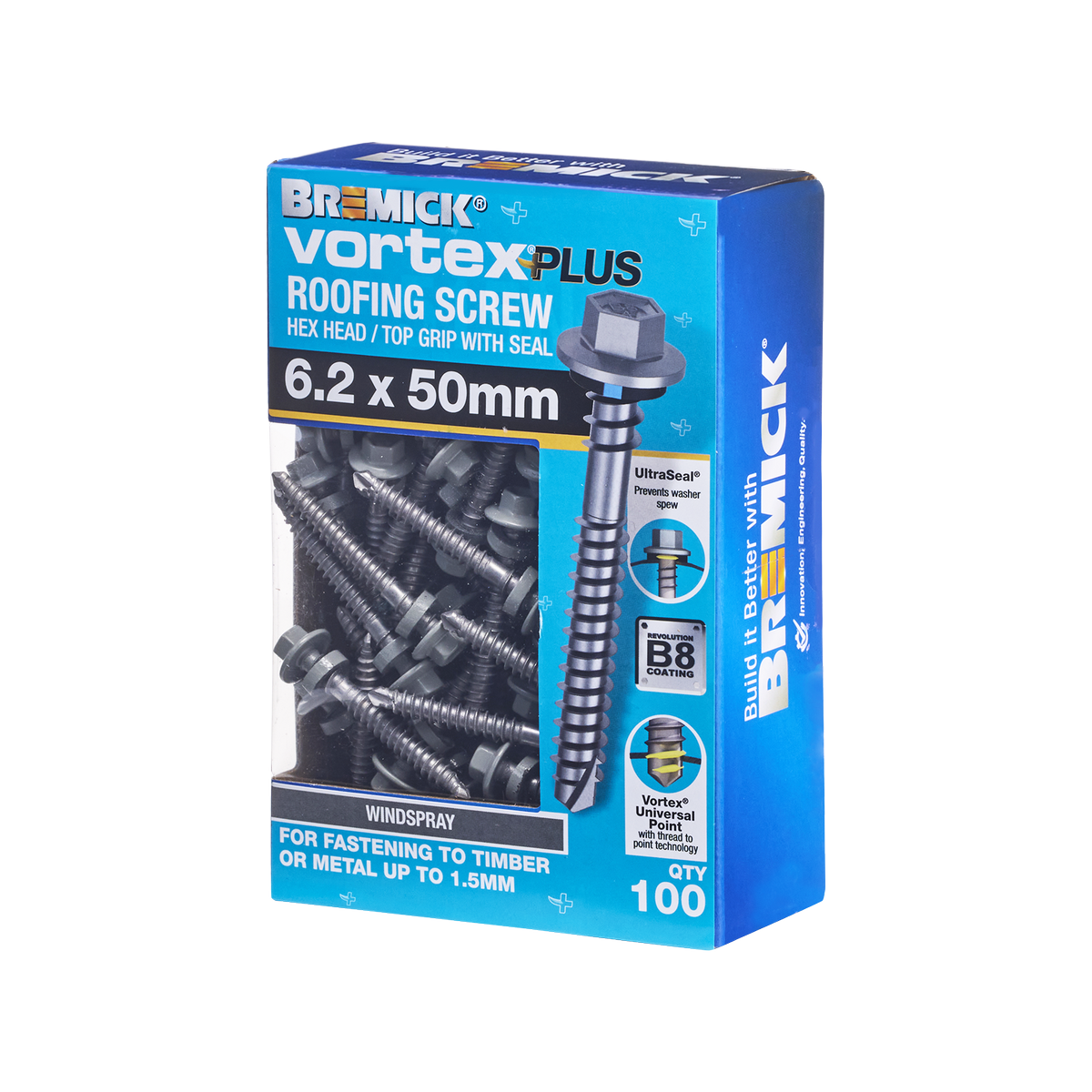 Bremick Vortex Plus Roofing Screw 6.2 x 50mm - Hex B8 - Box of 100 - Watertight Connection - SuperSaverAU - view 1