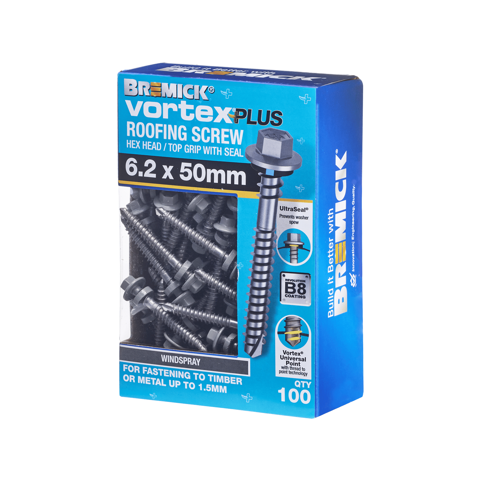 Bremick Vortex Plus 6.2 x 50mm Hex Roofing Screw, Carbon Steel B8 Windspray, Sealed Head Vortex Point - 100 Box