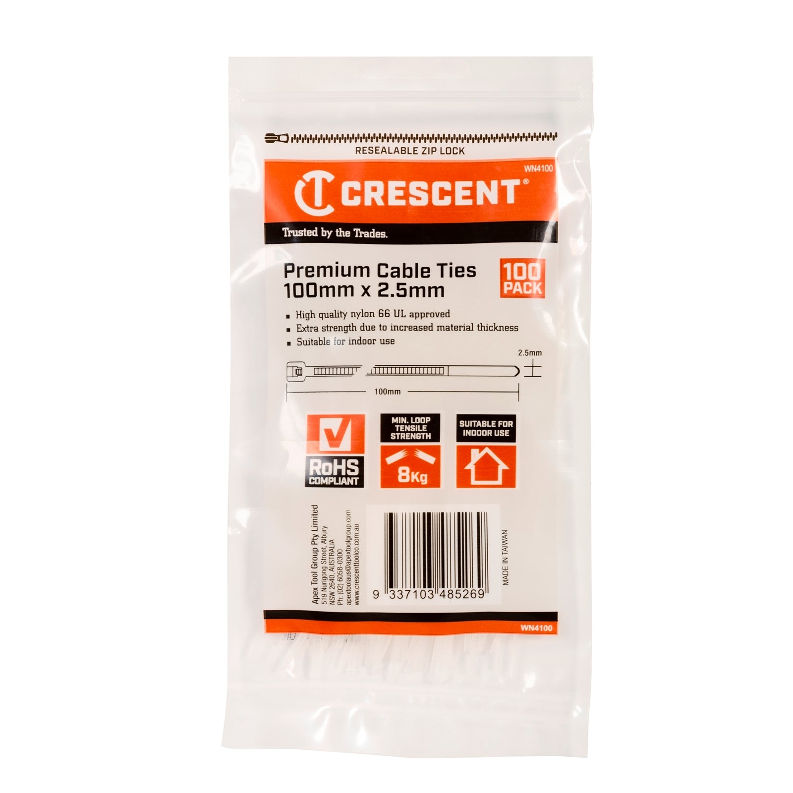 Crescent 100mm x 2.5mm Natural Nylon Cable Ties 100 Pack