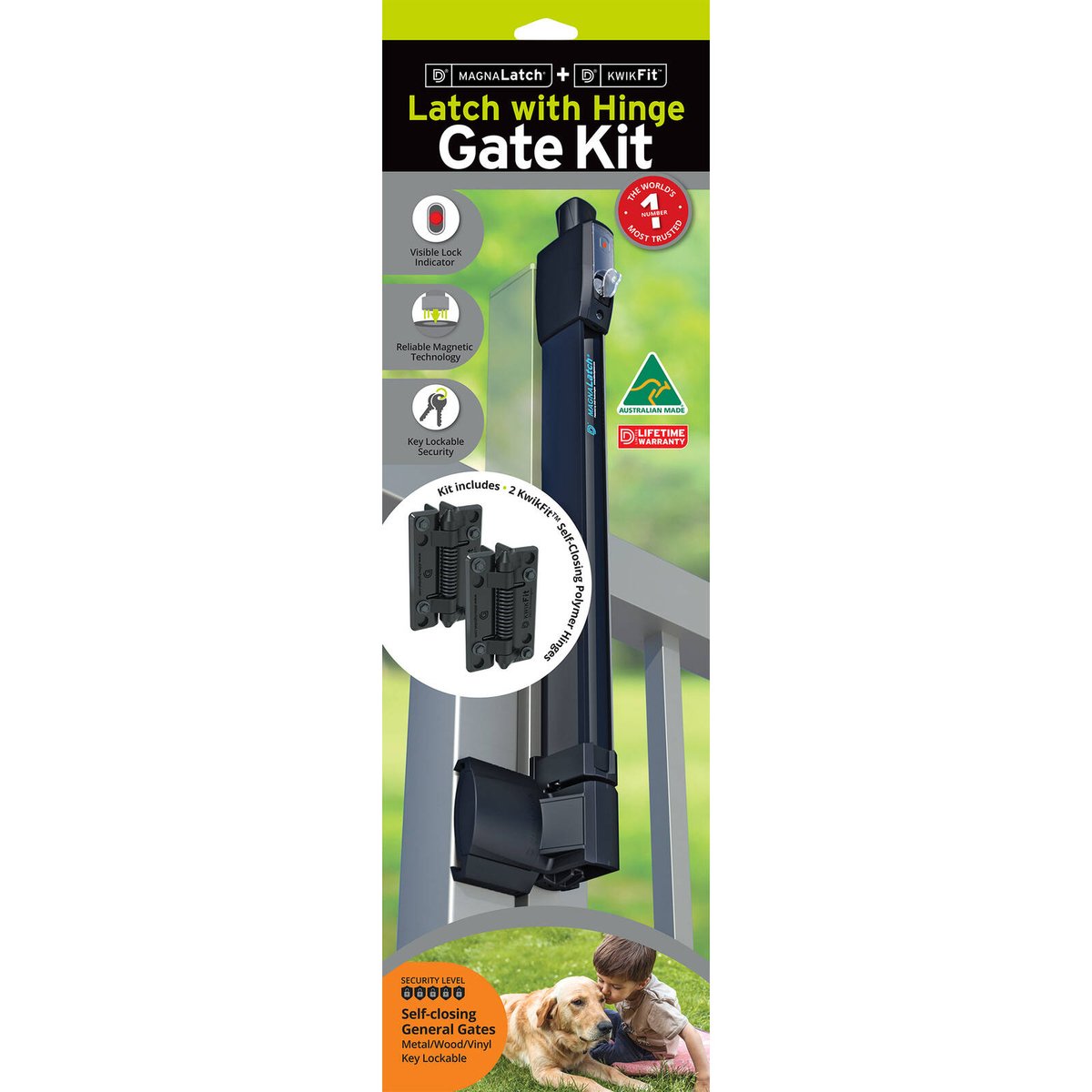 MagnaLatch Magnetic Gate Latch Lock and KwikFit Self Closing Hinges Super Strong Polymer Black