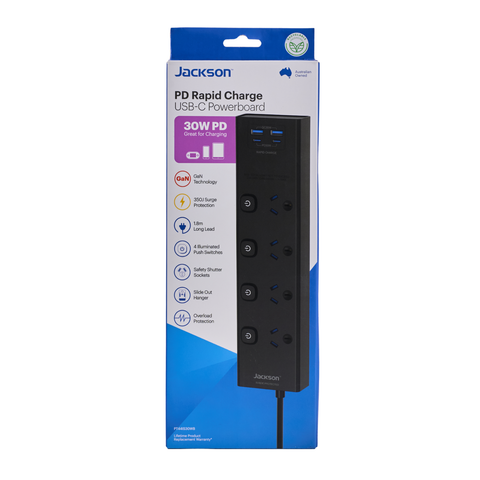 Jackson 4 Outlet Individually Switched Powerboard, USB-A x2 & USB-C PD30W x2, 350J Surge, Black