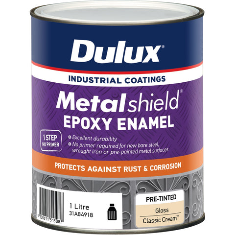 Dulux Metalshield Epoxy Enamel Gloss Paint 1L Classic Cream - UV & Splatter Resistant Metal Topcoat
