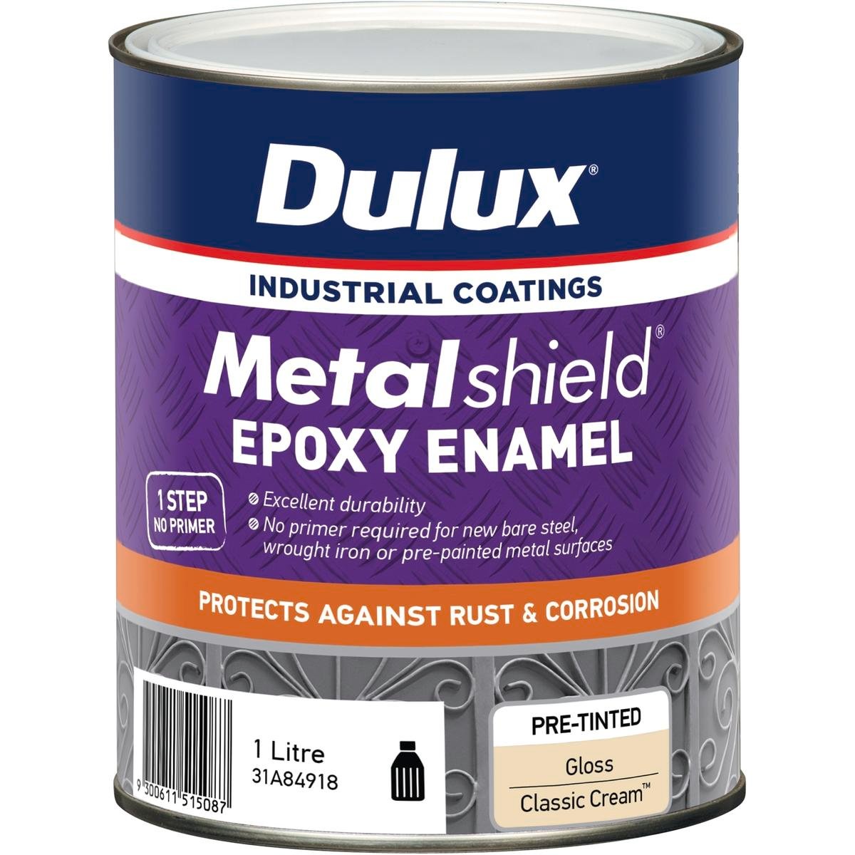 Dulux Metalshield Epoxy Enamel Gloss Paint 1L Classic Cream - UV & Splatter Resistant Metal Topcoat