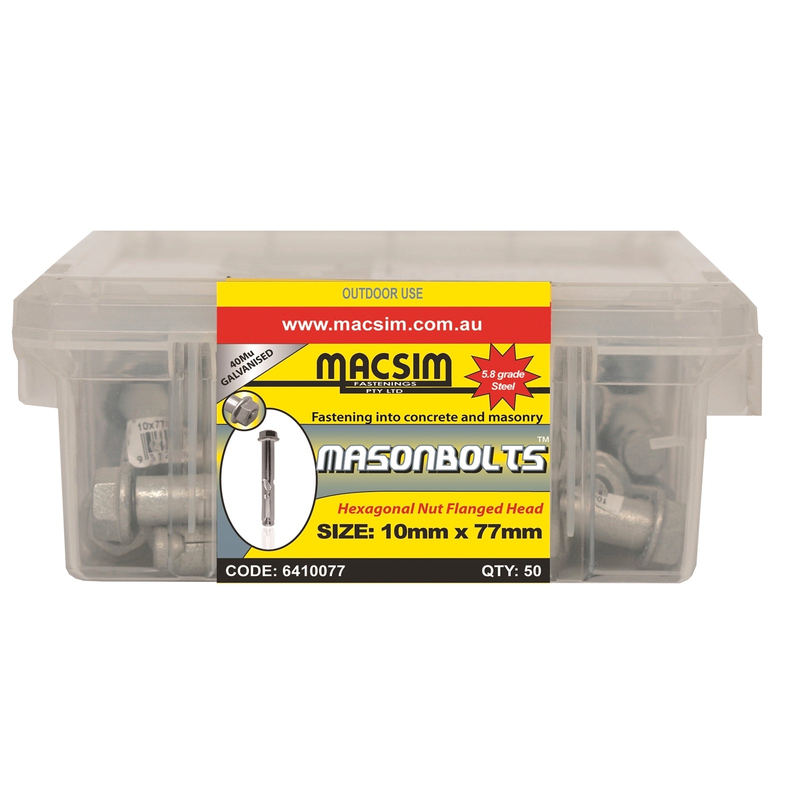 Macsim 10 x 77mm Galvanised Sleeve Anchor, Hex Nut, Masonry, 50 Pack